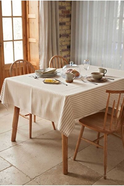 linea natura home Çizgili Sütlü Kahve Keten Masa Örtüsü Country Vintage Bohem...