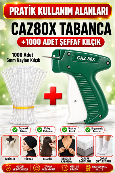 CADY CAZ Türban Gelinlik Tabancası( 80X ) ve 1000 adet(10 Soket) 5mm Naylon K...