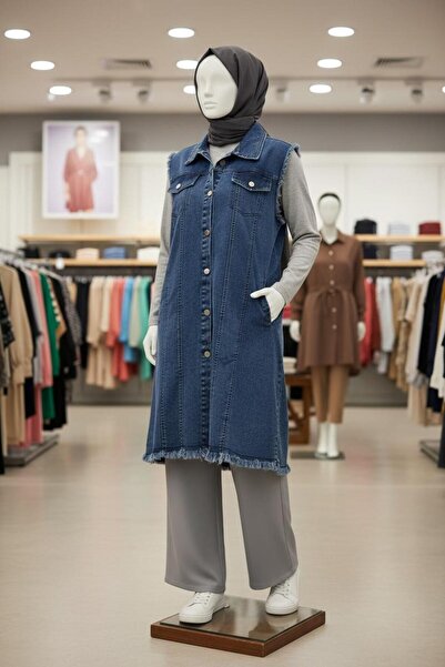 Züvara kadın tesettür uzun taşlanmış ince denim yelek yakalı boydan düğmeli c...