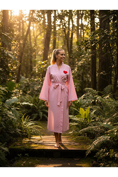 Magic BAlance Kalp Broş Detaylı Kırmızı Beyaz Çizgili Kadın Kimono | 888Balance