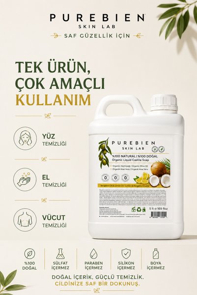 purebien skin lab 100% Natural Castile Liquid Soap 5Lt - Intense Moisturizing Effect - Economical Size