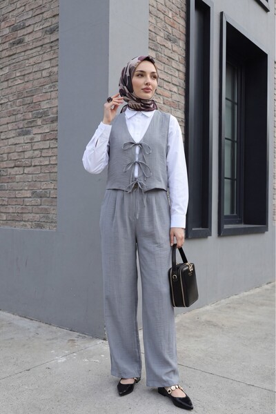 Modamorfo Lace-Up Front Vest and Trousers Double Linen Look Suit -Grey