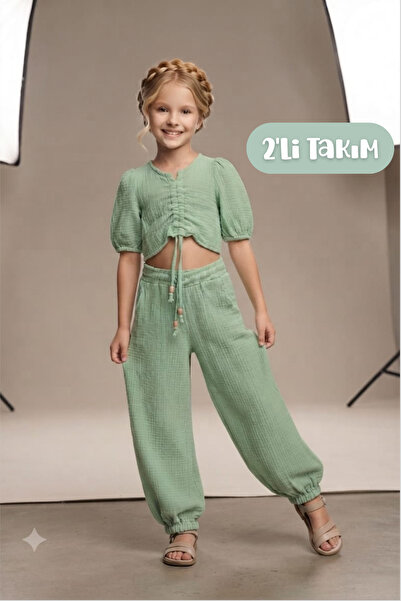 Hilal Akıncı Kids Bluză cu detaliu cu șnur pentru fete, pantaloni harem cu ta...