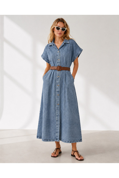 Olalook Kadın Açık Mavi Yarasa Kol Düğmeli Kemerli Maksi Denim Elbise ELB-190...