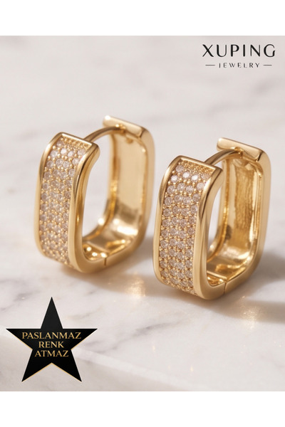 XUPING JEWELRY Xuping 14K Altın Renginde Zirkon Taşlı Yuvarlak Köşeli Tam Kap...