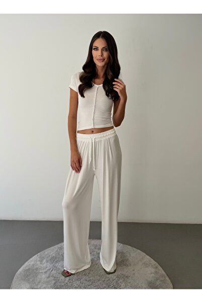 ossons Women's Soft Textured Crop T-Shirt & Wide-Leg Sweatpants Set