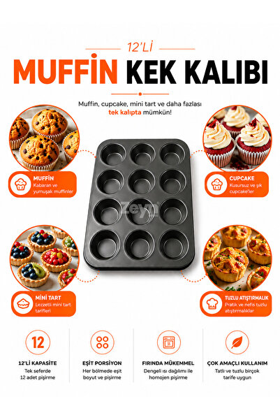 Zeyn Gross 12'li Yapışmaz Muffin Kek Kalıbı – Cupcake, Mini Tart ve Tuzlu Atı...