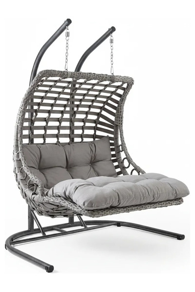 huteras Bodrum Double Ciftli Rattan Bahce Balkon Salincagi Gri 2 Kisilik Yand...