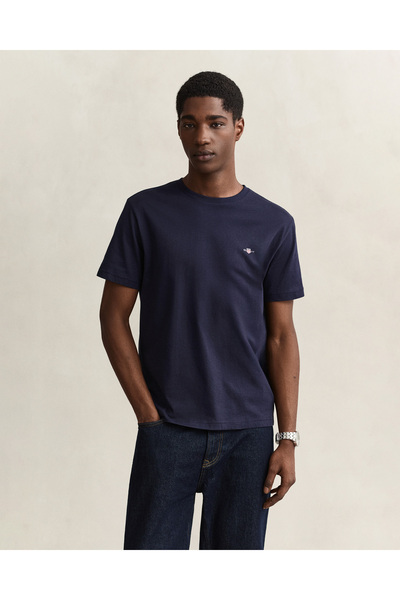 Gant Erkek Lacivert Bisiklet Yaka Regular Fit Logolu T-Shirt
