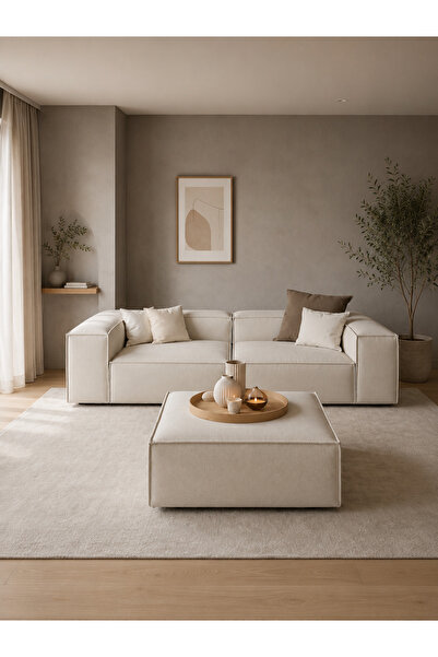 ERİZA Relax Soft 3 Modül (kırık Beyaz) Keten 10 (2 Köşe, 1 Puf)
