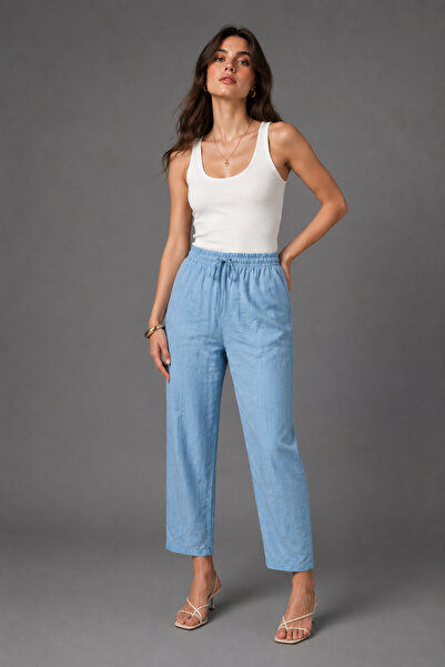 WILD BEE Women's Light Blue Elastic Waist Woven Carrot Pants