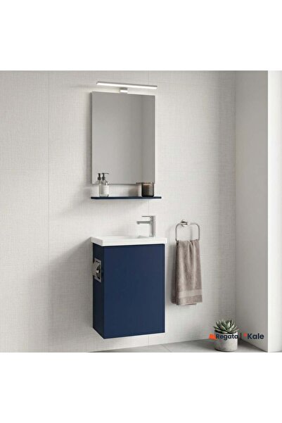 KALE Minimalist Lacivert 50 cm Aksesuarlı Alt Dolap, Lavabo, Etajer ve Ayna T...
