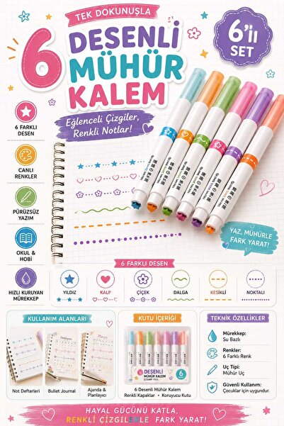 O&S Oyun ve Sanat Eğlen-Üret Desenli Silindir Mühür Kalem 6 Desenli Şekilli Ş...