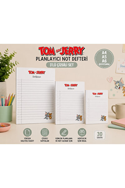 Srctech Tom & Jerry Çizgili Not Defteri Seti A4 A5 A6 Boyut 3'lü Set 30 Yapra...