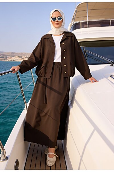 Aselim Hijap Moda طقم أوريلا جولد تينسل - طقم مع تنورة - لون بني فاتح