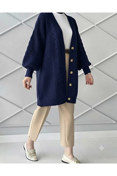 FLEX FASHION Women's Winter Hair Knit Popular Trend Dark Blue Knitwear Cardigan