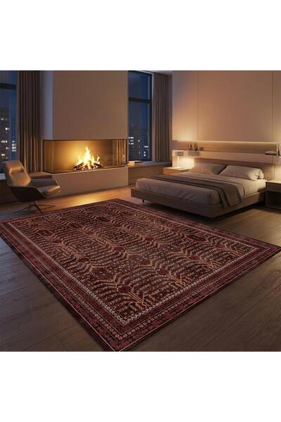 Carpettex Koyu Kahve Klasik Halı Desenli Dijital Baskılı Kaymaz Tabanlı Salon Halısı Dijital Baskı Halı 7 mm