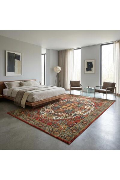 Carpettex Kırmızı Yeşil Salon Halısı Klasik Medallion Dijital Baskılı Kaymaz Tabanlı Halı Dijital Baskı Halı 7