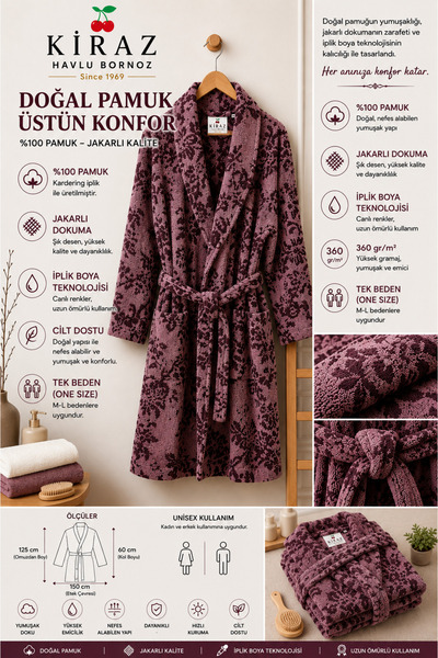 KİRAZHOME 100% Organic Extra Soft Quality Yarn Unisex Bathrobe