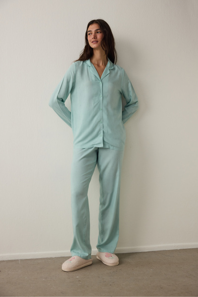 Penti Mint Sleep-In Yıldız Desenli Gömlek Yaka Uzun Kollu Pijama Takımı