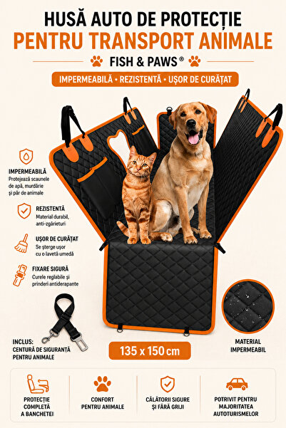 Fish & Paws Husa auto de protectie bancheta pentru transport animale, Fish & ...