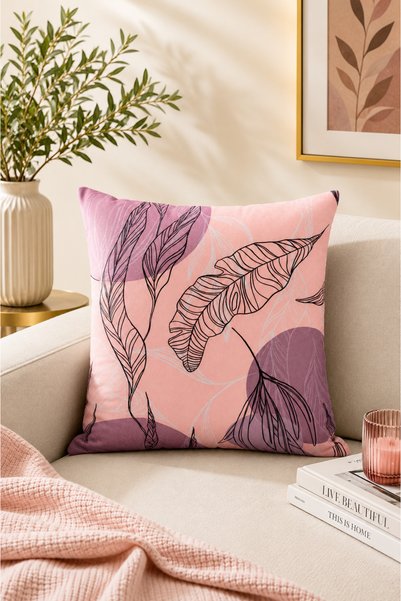 ASDİVA Pembe-Mor Çiçekli Dekoratif Kırlent Kılıfı 43x43