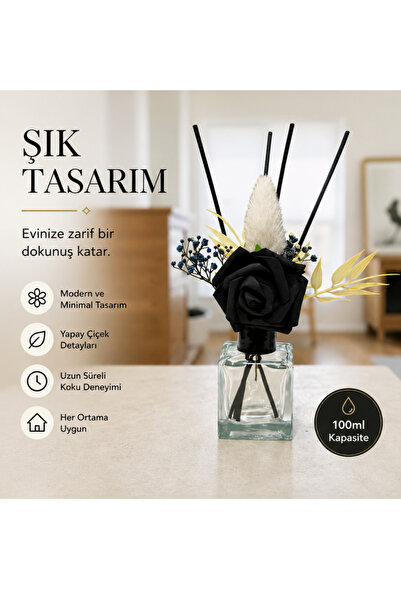 liveisthome Dekoratif Çubuklu Oda Kokusu Cam Kare Şişe | Yapay Gül Süslemeli ...
