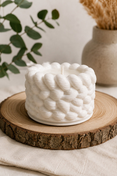 Velzade Home Örgü Desenli Dekoratif Mum Seti 2'li - El Yapımı Soya Mum - Kokulu Dekoratif Mum 6 cm