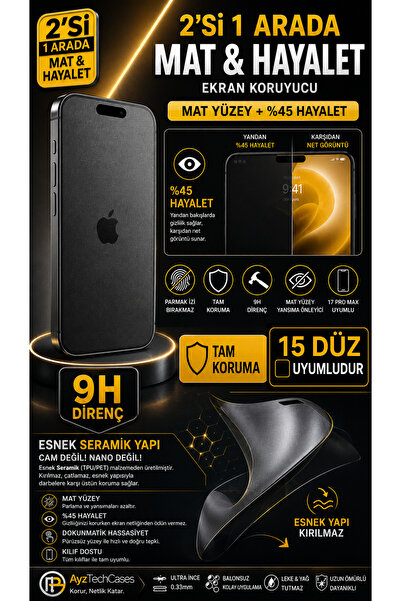 15 DÜZ Uyumlu (MAT+HAYALET) 2’si 1 Arada Tam Kaplayan ESNEK YAPI Kırılmaz 9H Cam Ekran Koruyucu