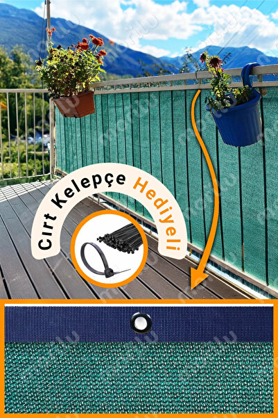 Morilu %95lik YEŞİL Balkon Perdesi - LACİVERT Şeritli Halkalı - Balkon Demiri...