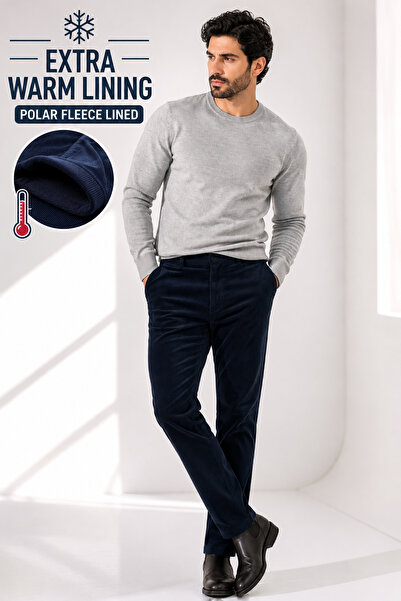 Varetta Men's Navy Blue Fleece Velvet Corduroy Classic Cut Trousers with Pockets