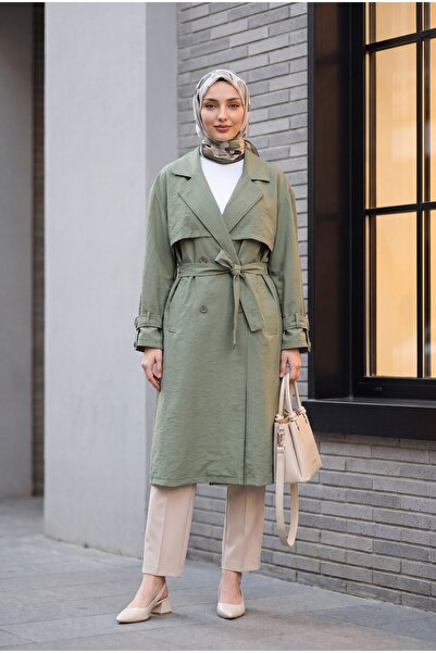 Modamorfo Pes Fabric Trench Coat with Belted Pockets, Sleeve Pockets, Shoulde...