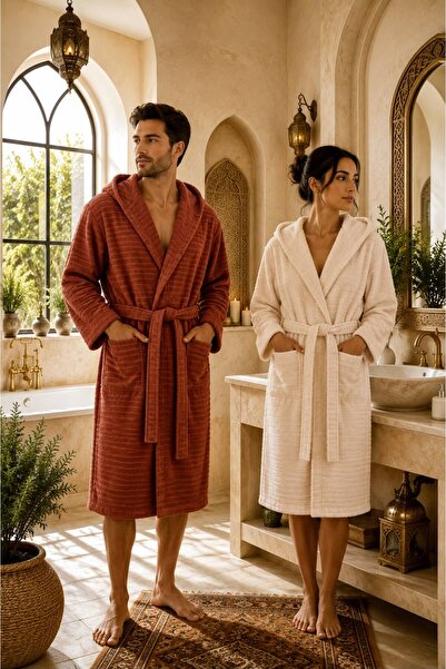 VENTİ VENTİSCA Neutral Cotton Plus Size Hooded Couple Bathrobe Set