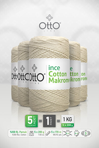 Otto Thin Cotton Macrame - Cream - 5 Pack - 2Mm/200Gr/170M - Cotton Macrame, ...