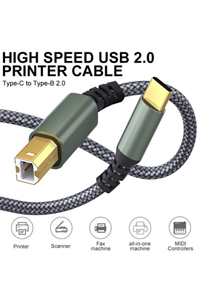 Choice كابل طابعة USB C إلى B أخضر بطول 2 متر، قطعة واحدة، عالي السرعة لأجهزة...
