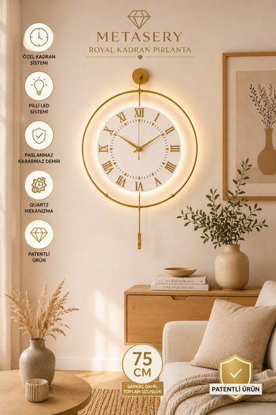 MetaQuartz Aksesuar Gold - Royal Kadran Exclusive - Pilli Led - 3 Pil ile gelir - Modern Metal Duvar Saati