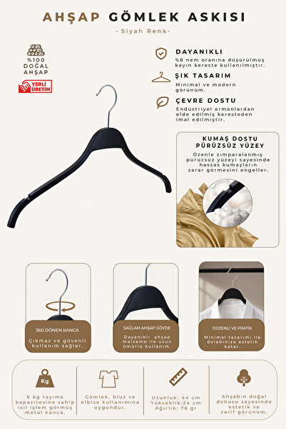NYN Wooden 8061-Ç Hanger Blouse Shirt Hanger Black Color 6 Pieces