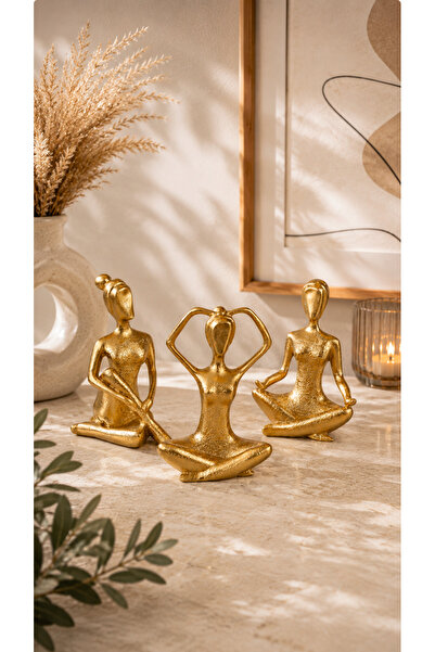 Dekoratif Yoga Figürü 3’lü Set – Gold Meditasyon Biblo, Modern Lüks Ev Dekoru