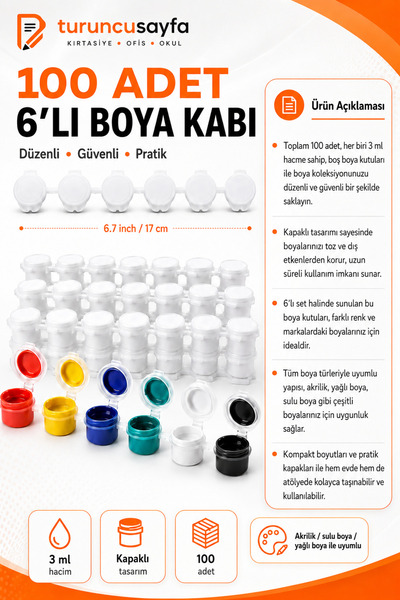 everart Toplam 100 Adet Boş Boya Kutusu 3ml Kapaklı, 6'lı Set, Tüm Boyalar Için