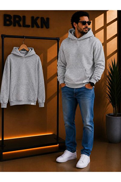 BRLKN Gray Melange Men's Oversize Basic 3-Stripe Hooded Sweatshirt Emg3561
