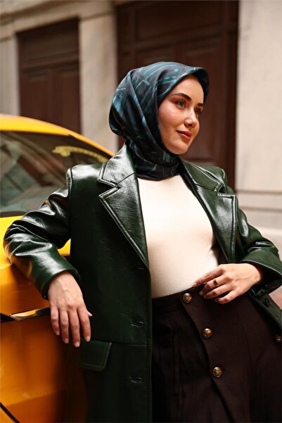 Silk Home Twill İpek Eşarp Petrol Yeşili–Lacivert Desenli Tok Duruşlu 90x90