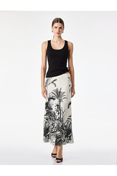 Koton X Melis Ağazat - Patterned Pencil Skirt in Linen and Viscose Blend