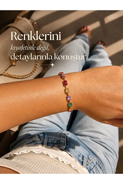 JEWELRY Renkli Zirkon Taşlı Gold Kadın Bileklik – Pirinç Üzeri Altın Kaplama ...