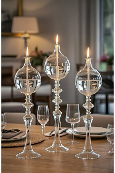 Shabbo Glass Ayaklı Drops Düğmeli Şamdan Cam Kandil 3'lü Set Kandil Yağı Ikli...