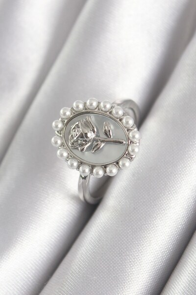 Inure Jewelry Brass Silver Color Portrait Rose Model Pearl Detail Women's Ring