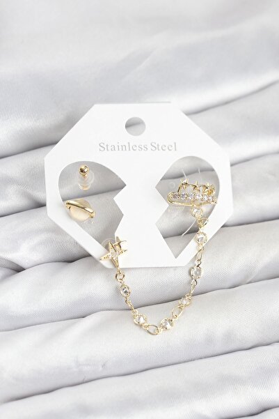 Inure Jewelry طقم أقراط ذهبية اللون من النحاس على شكل سلسلة مترابطة