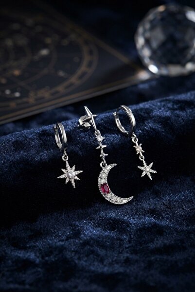Inure Jewelry أقراط فضية اللون مكونة من 3 قطع على شكل قمر ونجمة