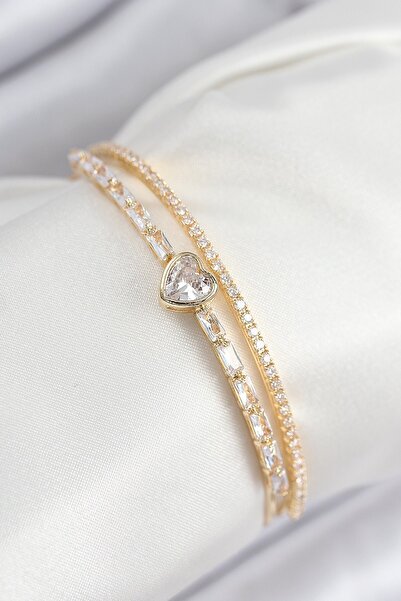 Inure Jewelry Brass Zircon Stone Heart Model Gold Color Women's Bracelet