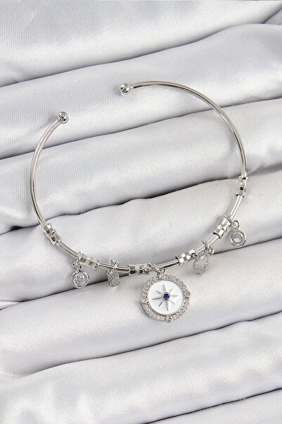 Inure Jewelry سوار من النحاس والزركون وحجر البوصلة موديل فضي اللون