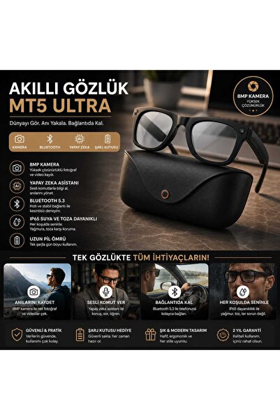 Rabee MT5 Ultra Kablosuz Şarjlı Video Fotoğraf Çeken 8MP Akıllı Kamera Gözlük...